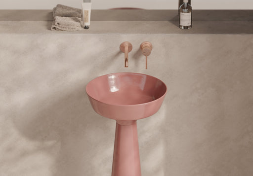 EQUILIBRIUM Countertop Basin 42 cm H17 on freestanding ceramic column in a bathroom setting – Alice Ceramica