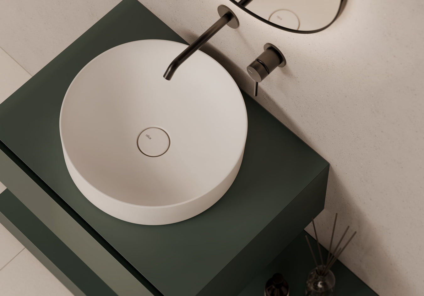 FORM Round Semi-Inset Washbasin 40 cm in a bathroom setting – Alice Ceramica